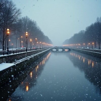 Winter snowfall on calm river