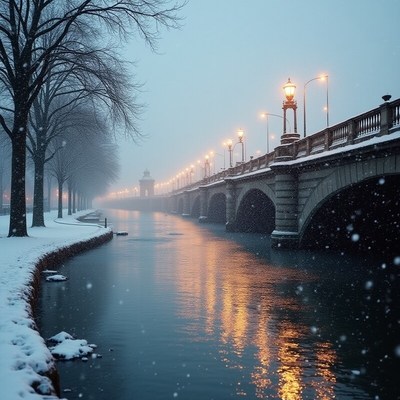 Snowy bridge at twilight