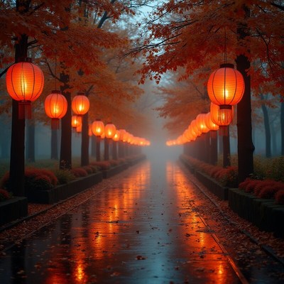 Lanterns glow in autumn mist