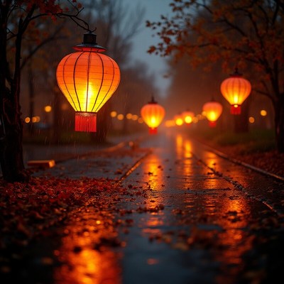 Lanterns glow on rainy evening