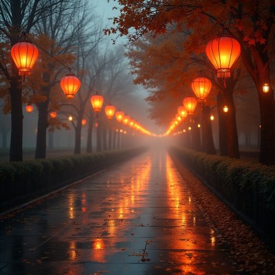 Lanterns illuminate foggy autumn path