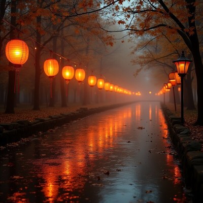 Reflective lanterns along a misty path