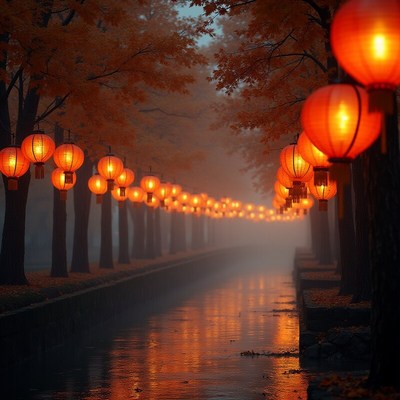 Lanterns illuminating misty pathway