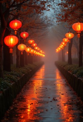 Lanterns glowing in autumn mist