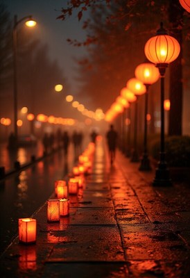Lanterns light up rainy evening