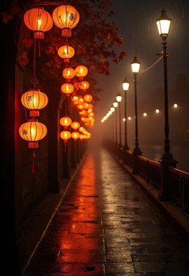 Lanterns glow along foggy path