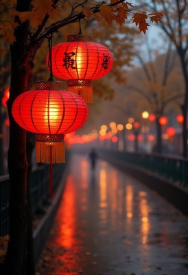 Red lanterns line a tranquil path