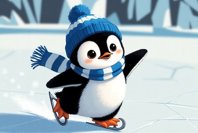 Penguin skating on ice in winter