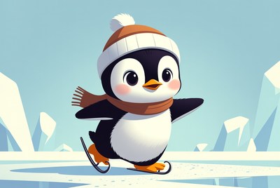 Cute penguin ice skating on frozen lake