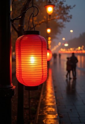 Warm lanterns light up evening stroll