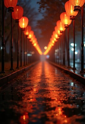 Lanterns light a rainy path