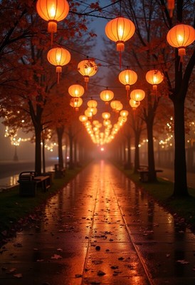 Lanterns illuminate a misty evening walk