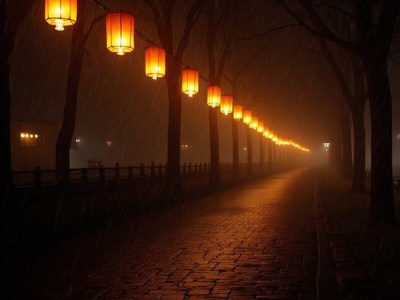 Lanterns illuminate a rainy street