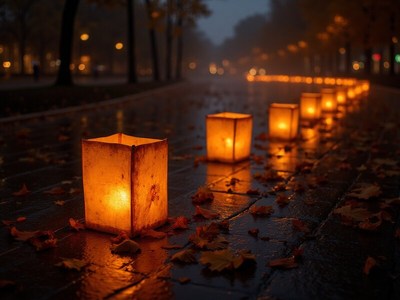 Warm lanterns light a rainy evening