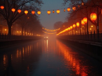 Lanterns glow over calm river at dusk