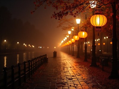 Lantern-lit riverside path at night