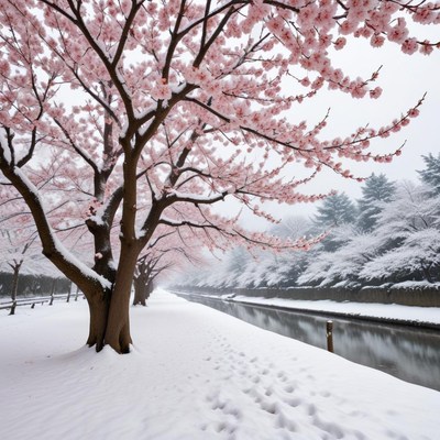 Snowy cherry blossoms by river