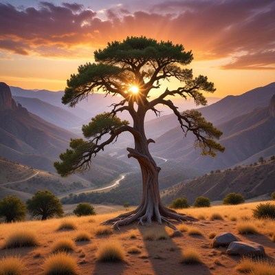 Majestic tree at sunset in mountains