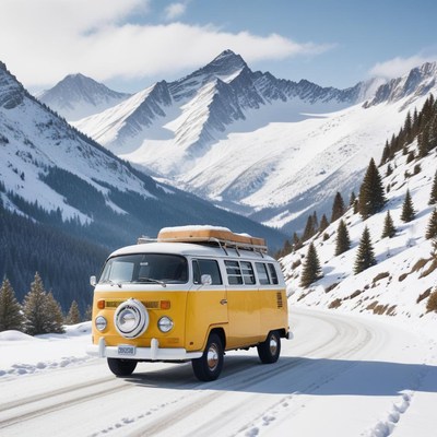 Vintage van in snowy mountains