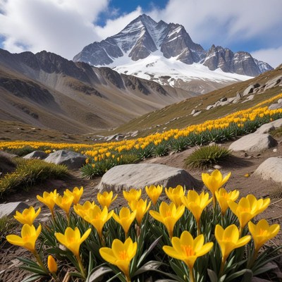 Mountain blooms in sunlight
