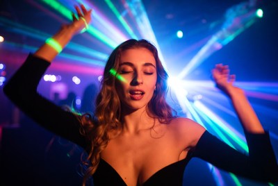 Dancing in colorful lights at club