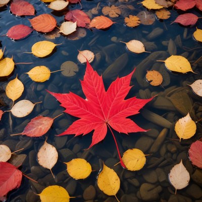 Vibrant autumn leaves floating on water