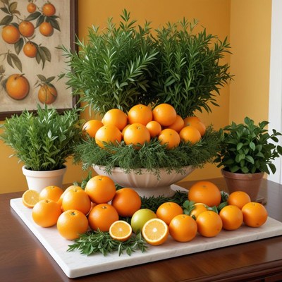 Fresh oranges and greenery display indoors