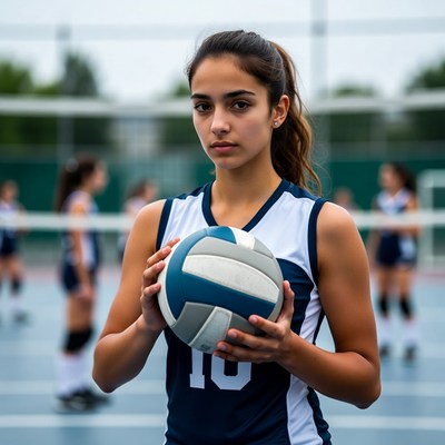 Girl holding volleyball on court