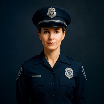 Police officer in uniform smiles confidently