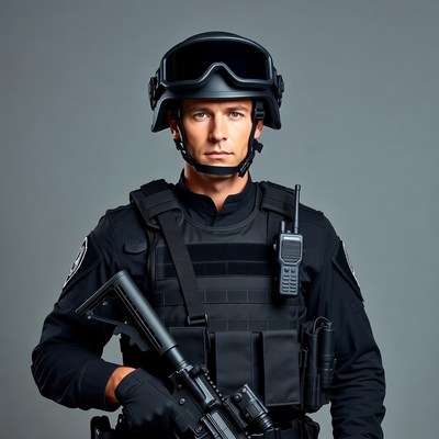 Swat officer in tactical gear standing proud