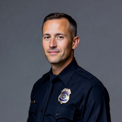 Police officer in uniform smiles confidently