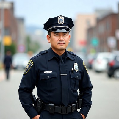 Police officer stands in urban street