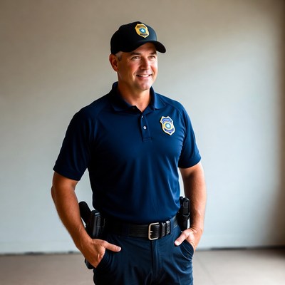 Smiling officer in uniform stands confidently