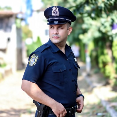 Young police officer on duty in neighborhood