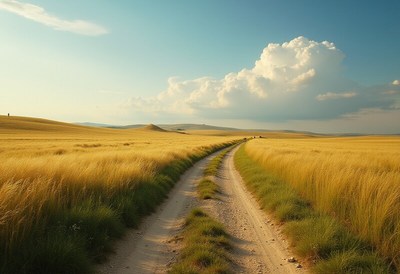 Scenic dirt road through golden fields