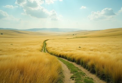 Golden grassland path under blue skies