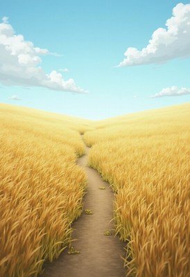 Golden wheat field pathway under blue sky