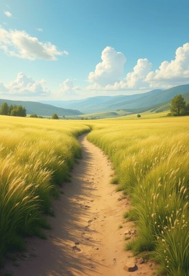 Path through golden grassland under blue sky