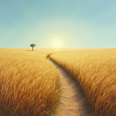 Golden fields with winding path at sunset