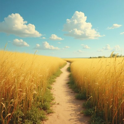 Golden field pathway under blue sky