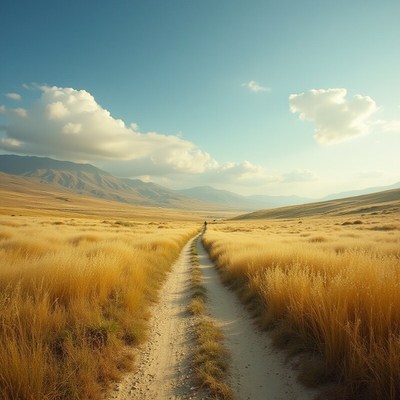 Path through golden grassland under blue sky