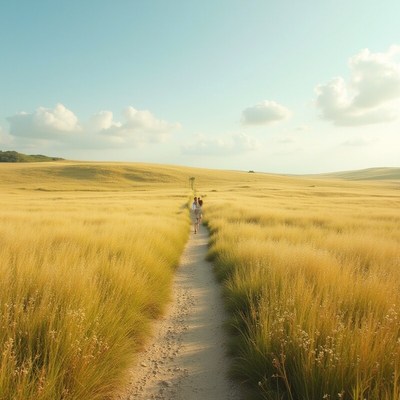 Couple walking through golden fields