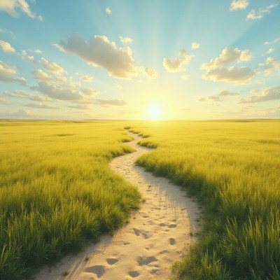Path through golden fields at sunrise