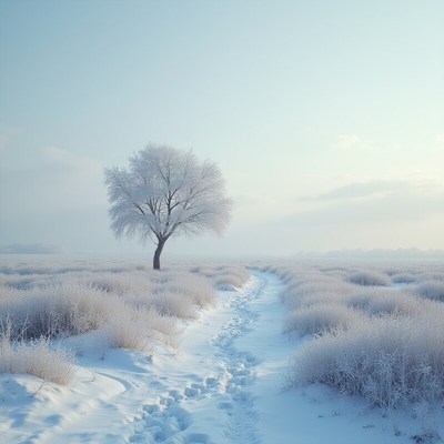Snowy path leads to lone tree