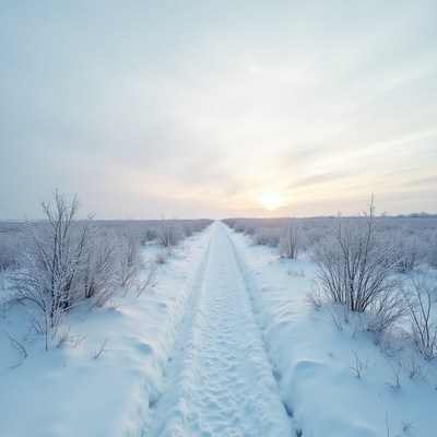Snow-covered path at sunrise