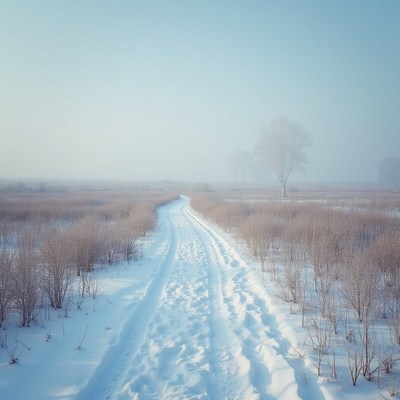 Snowy path in winter landscape