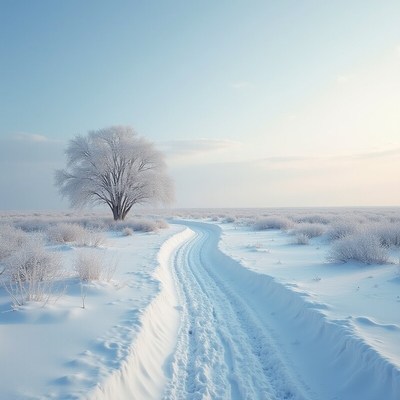 Winter path through snowy field