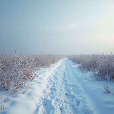 Snowy path through winter landscape