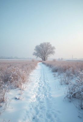 Winter pathway through snowy field