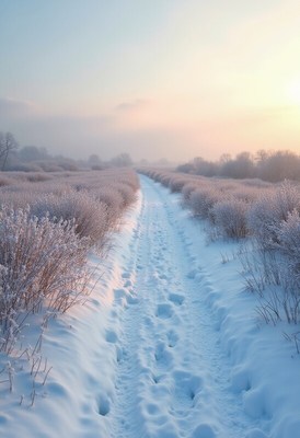 Snowy pathway at sunrise